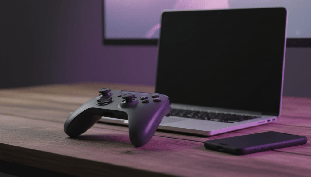 Game controller on a desk beside an open laptop and a smartphone in soft violet light
