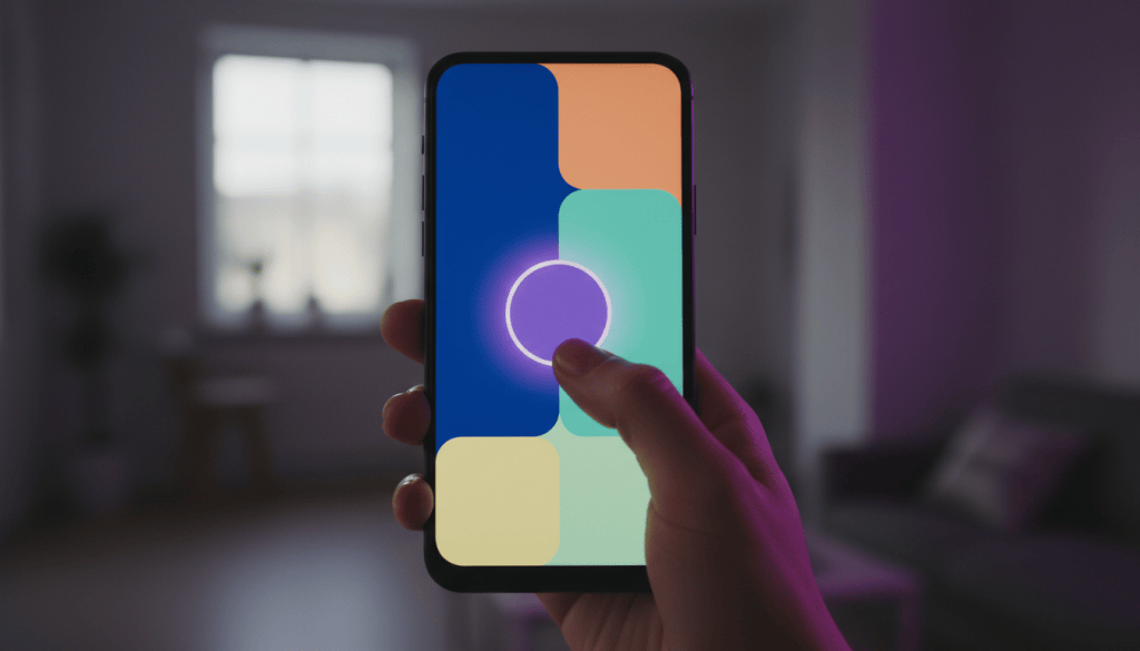 Thumb about to tap a large round button on a simple phone interface