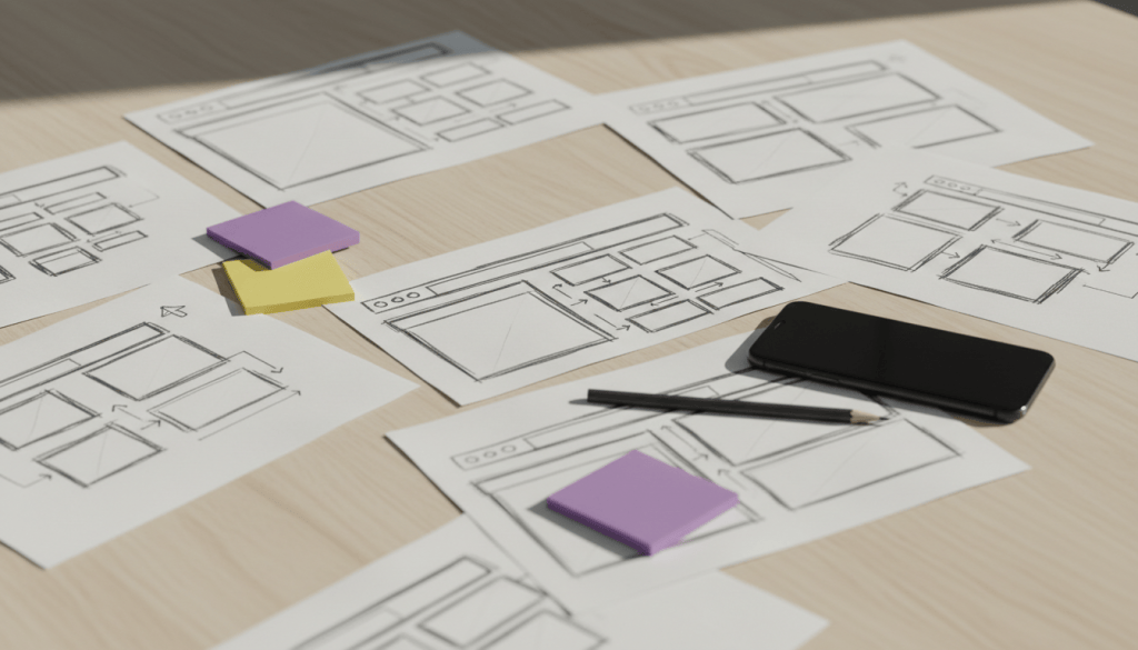 Paper wireframe sketches of website layouts with blank sticky notes, a pencil and a phone on a table